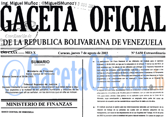 Gaceta Oficial 5650 del 7 Agosto 2003