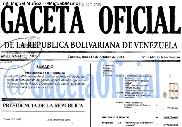 Gaceta Oficial 5668 del 13 Octubre 2003