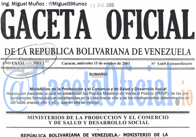 Gaceta Oficial 5669 del 15 Octubre 2003