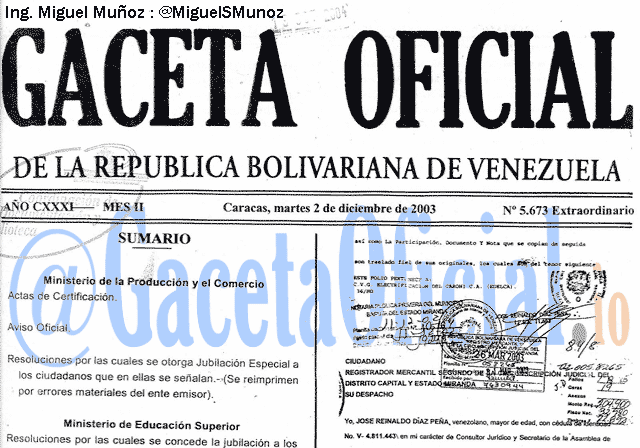 Gaceta Oficial 5673 del 2 Diciembre 2003