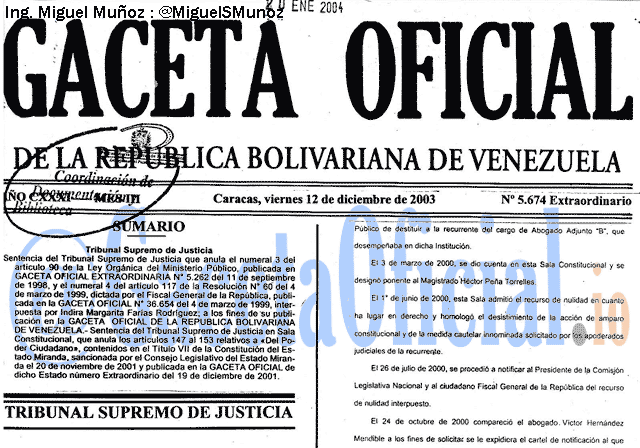 Gaceta Oficial 5674 del 12 Diciembre 2003