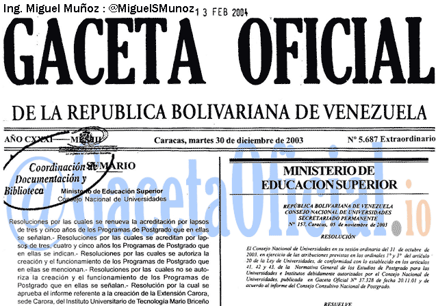 Gaceta Oficial 5687 del 30 Diciembre 2003