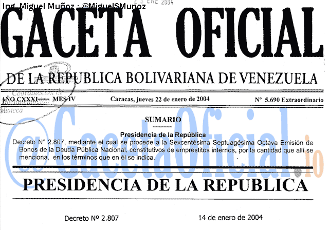 Gaceta Oficial 5690 del 22 Enero 2004