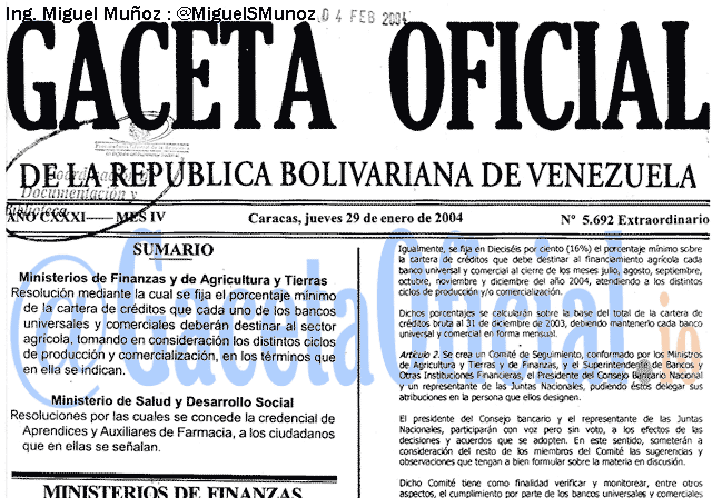 Gaceta Oficial 5692 del 29 Enero 2004