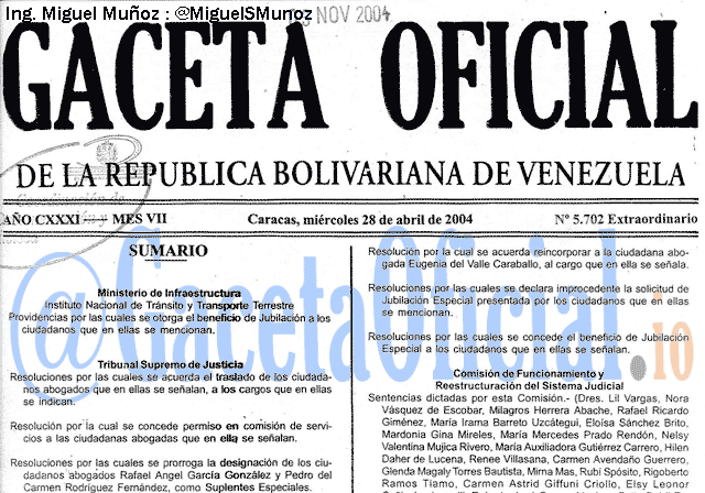 Gaceta Oficial 5702 del 28 Abril 2004