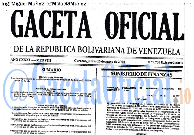 Gaceta Oficial 5705 del 13 Mayo 2004