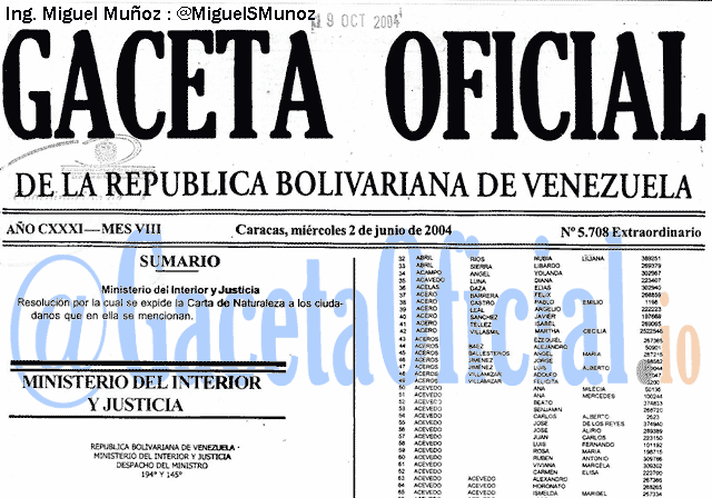Gaceta Oficial 5708 del 2 Junio 2004