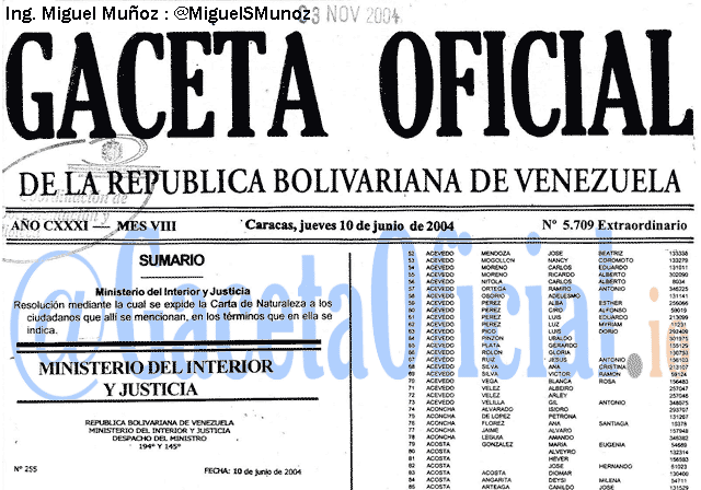Gaceta Oficial 5709 del 10 Junio 2004