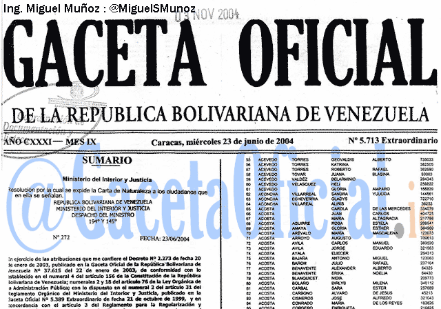 Gaceta Oficial 5713 del 23 Junio 2004