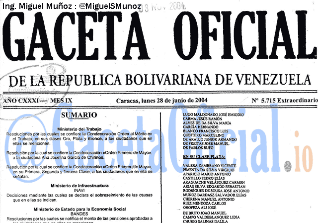 Gaceta Oficial 5715 del 28 Junio 2004