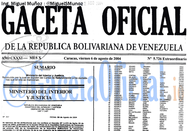 Gaceta Oficial 5726 del 6 Agosto 2004
