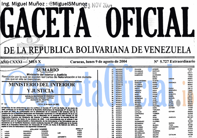 Gaceta Oficial 5727 del 9 Agosto 2004