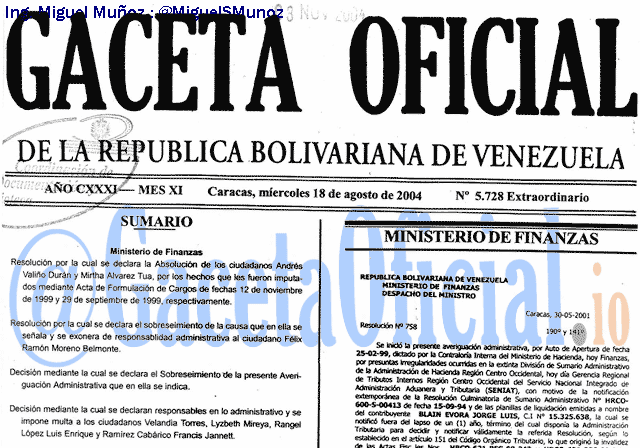 Gaceta Oficial 5728 del 18 Agosto 2004