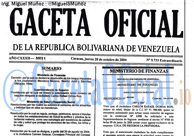 Gaceta Oficial 5733 del 28 Octubre 2004