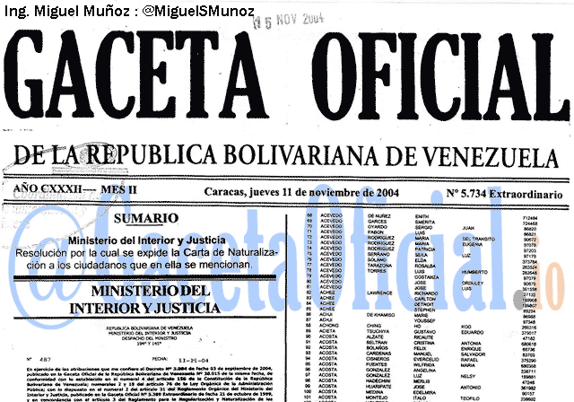 Gaceta Oficial 5734 del 11 Noviembre 2004