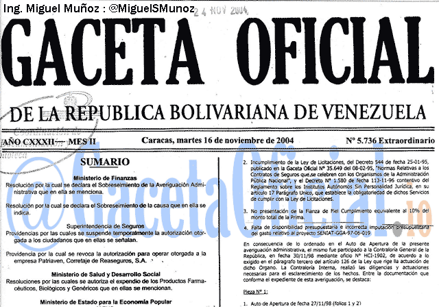 Gaceta Oficial 5736 del 16 Noviembre 2004