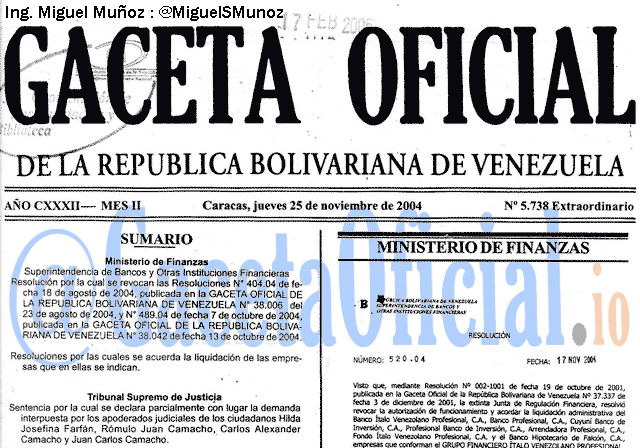 Gaceta Oficial 5738 del 25 Noviembre 2004