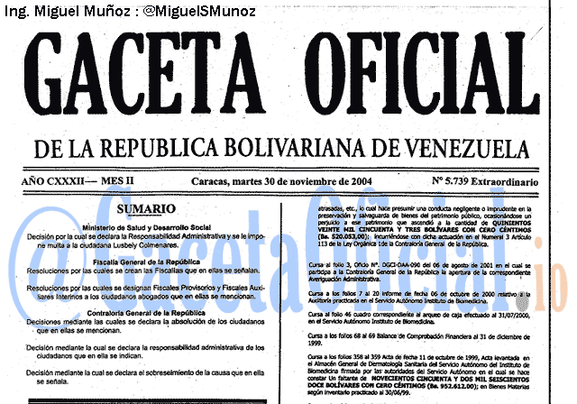 Gaceta Oficial 5739 del 30 Noviembre 2004