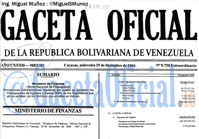 Gaceta Oficial 5750 del 29 Diciembre 2004