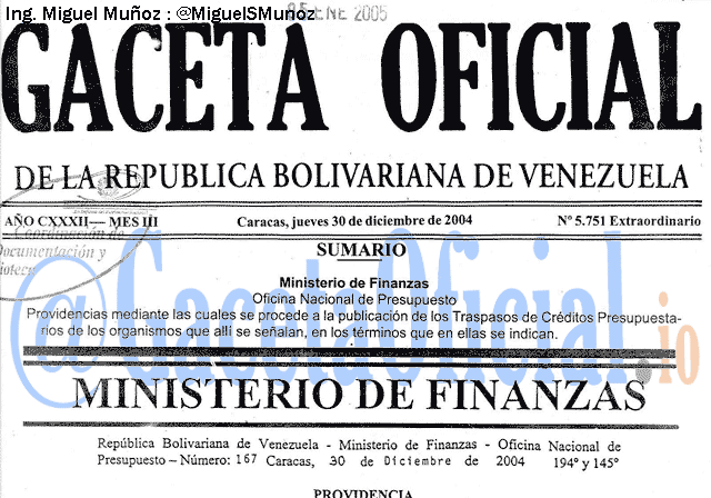 Gaceta Oficial 5751 del 30 Diciembre 2004