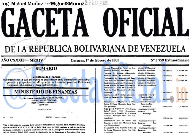 Gaceta Oficial 5759 del 1 Febrero 2005