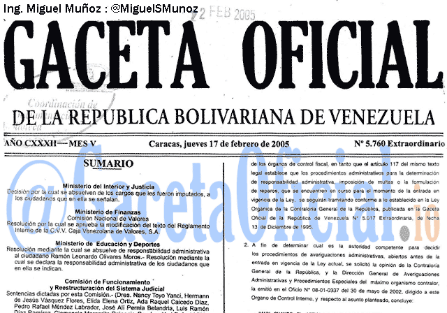 Gaceta Oficial 5760 del 17 Febrero 2005