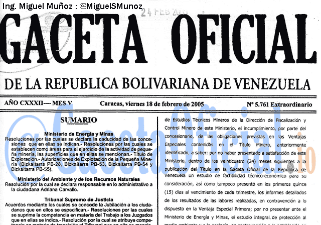 Gaceta Oficial 5761 del 18 Febrero 2005