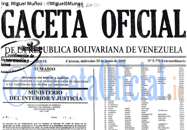Gaceta Oficial 5775 del 29 Junio 2005