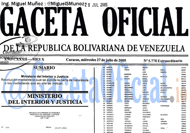 Gaceta Oficial 5778 del 27 Julio 2005