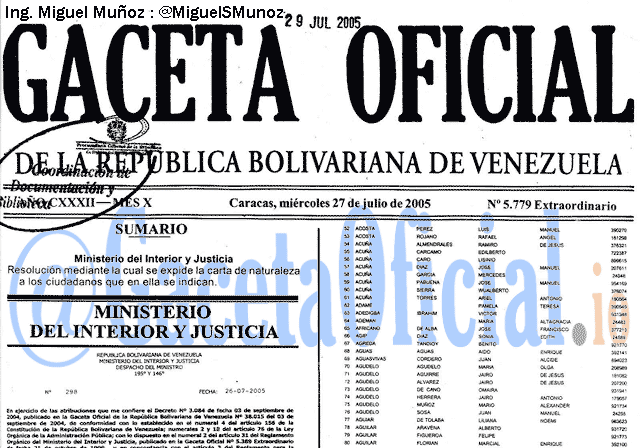 Gaceta Oficial 5779 del 27 Julio 2005