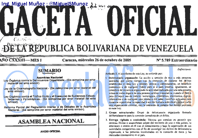 Gaceta Oficial 5789 del 26 Septiembre 2005
