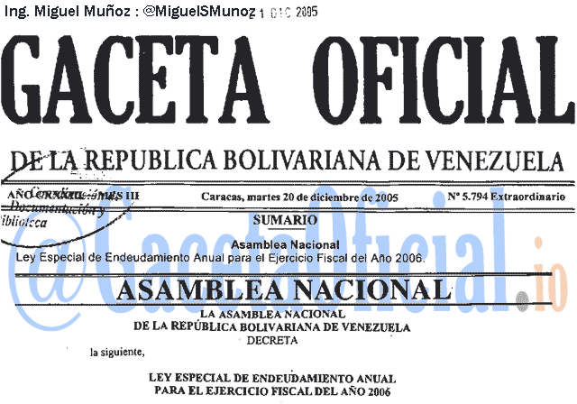 Gaceta Oficial 5794 del 20 Diciembre 2005