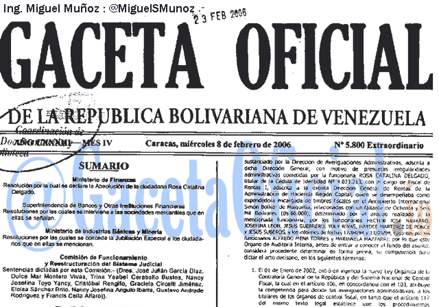 Gaceta Oficial 5800 del 8 Febrero 2006