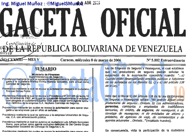 Gaceta Oficial 5802 del 8 Marzo 2006