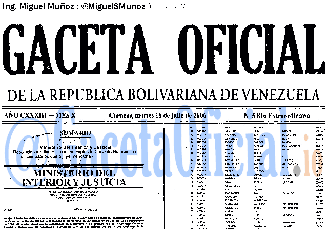 Gaceta Oficial 5816 del 18 Julio 2006