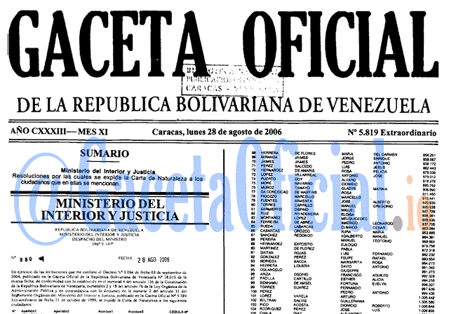 Gaceta Oficial 5819 del 28 Agosto 2006