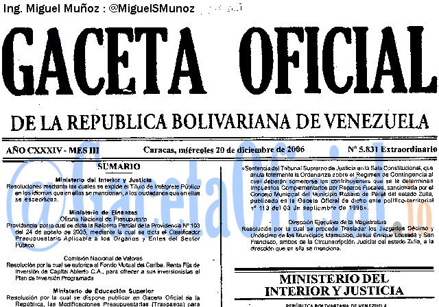 Gaceta Oficial 5831 del 20 Diciembre 2006