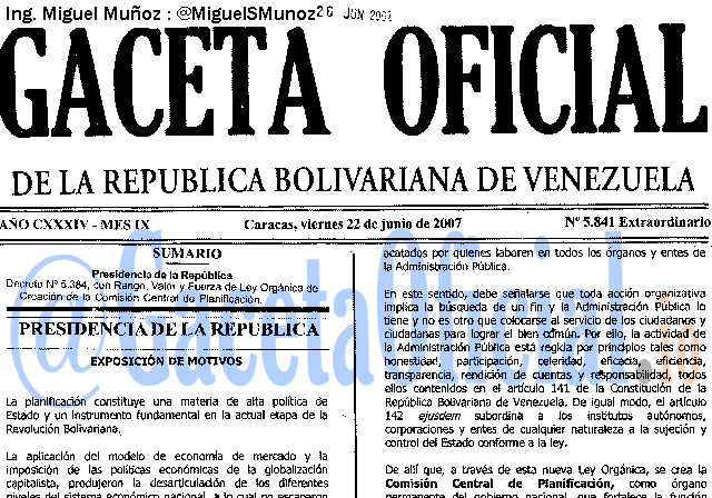 Gaceta Oficial 5841 del 22 Junio 2007