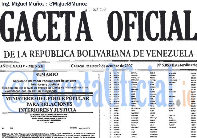 Gaceta Oficial 5853 del 9 Octubre 2007
