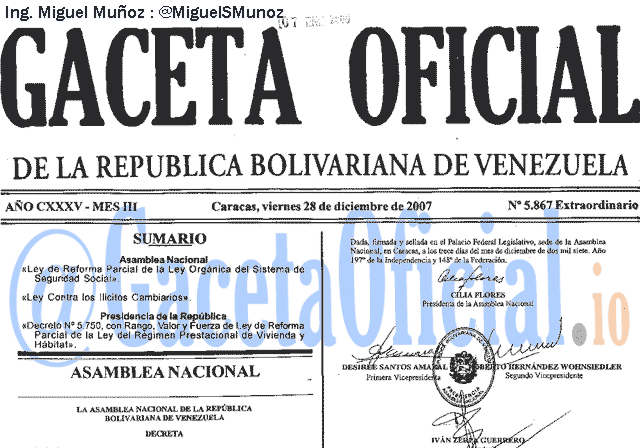 Gaceta Oficial 5867 del 28 Diciembre 2007