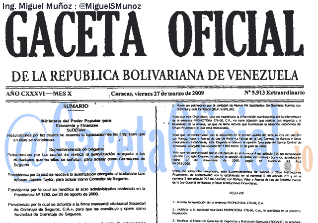 Gaceta Oficial 5913 del 27 Marzo 2009