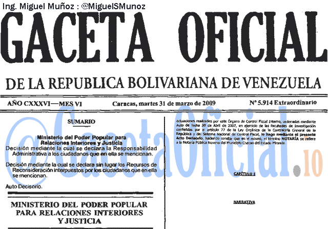 Gaceta Oficial 5914 del 31 Marzo 2009