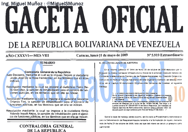 Gaceta Oficial 5919 del 11 Mayo 2009