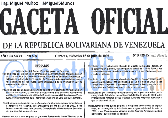 Gaceta Oficial 5925 del 15 Julio 2009