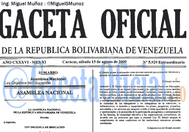 Gaceta Oficial 5929 del 15 Agosto 2009
