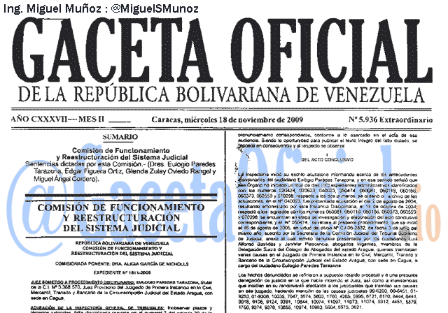 Gaceta Oficial 5936 del 18 Noviembre 2009