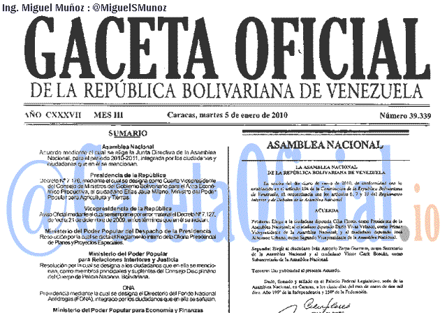 Gaceta Oficial 39339 del 5 Enero 2010