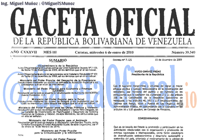 Gaceta Oficial 39340 del 6 Enero 2010