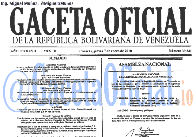 Gaceta Oficial 39341 del 7 Enero 2010