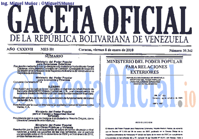 Gaceta Oficial 39342 del 8 Enero 2010